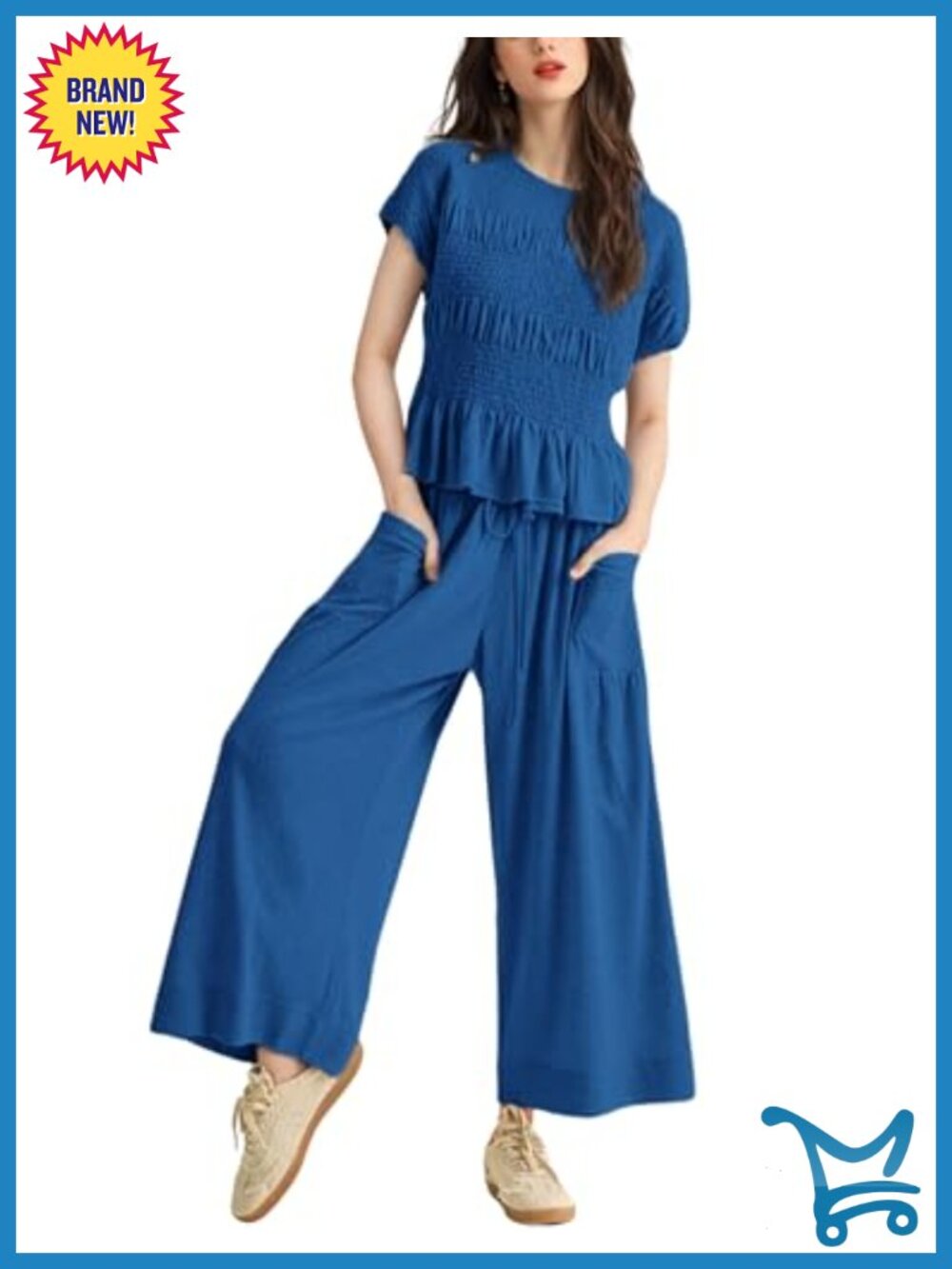Womens Lounge Outfit with Pockets Smocked Top Wide Leg Pant Set